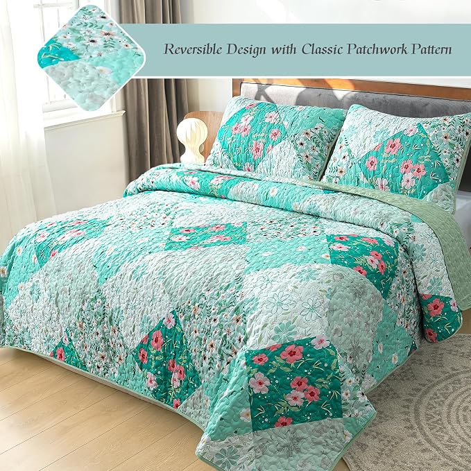 Whale Flotilla Patchwork Quilts Twin Size, Extra Soft Floral Bedspreads | Green Reversible Lightweight Twin Quilt Bedding Set for Bed, Printed Coverlets with 1 Pillow Sham for All Seasons