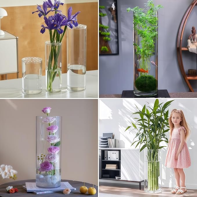 Clear Acrylic Cylinder Flower Vase Large Plastic Centerpieces Vase | Tall Shatterproof Unbreakable Transparency Vase Lightweight Easy Clean Home Decor Floral Arrangement, Hydroponics