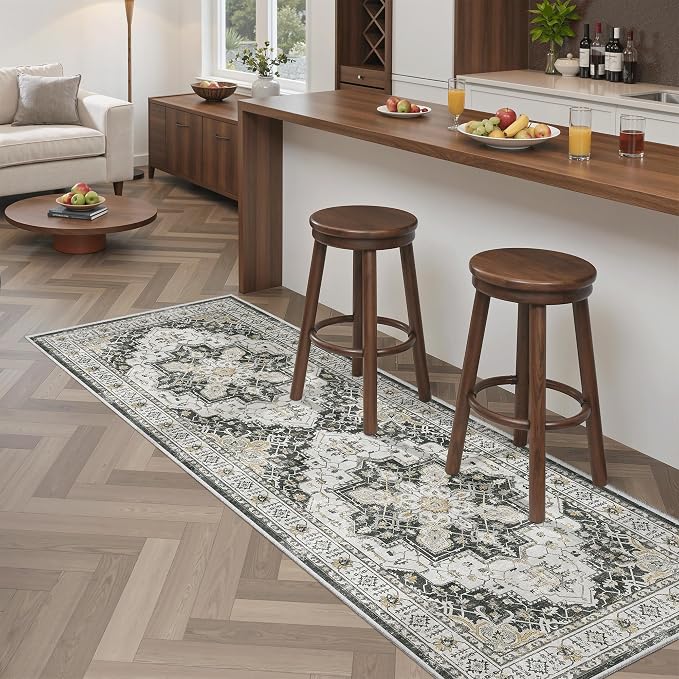 Madane Hallway Runner Rug 2x5 Washable Entry Rugs Non-Slip, Black | Vintage Printed Low-Pile Kitchen Runners, Soft Low-Pile Stain-Resistant Throw Carpet for Bedroom Entrance Laundry Room 2'x5'