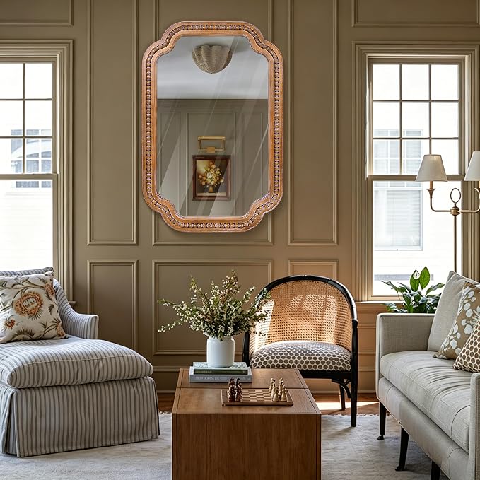 24x36 Inch Farmhouse Beaded Wall Mirror | Wood Scalloped Decorative Mirror, French Vintage Accent Mirror for Bathroom, Entryway & Glam Boho Decor