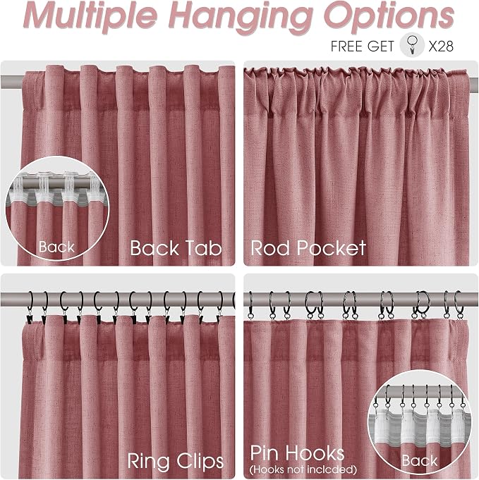 Linen Curtains 84 Inches Long for Living Room Semi Sheer Light Filtering Curtain Back Tab Rod Pocket Neutral Boho Modern Farmhouse Decor Window Drapes for Bedroom 52x84 2 Panels Canyon Rose