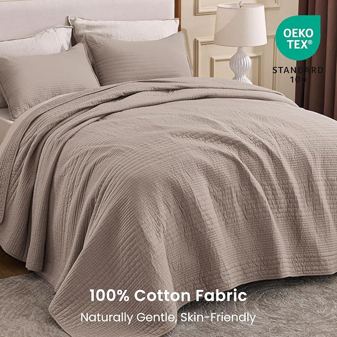 Love's cabin Queen Size Cotton Quilt Set, 100% Cotton Fabric Striped Textured Coverlet with Crinkled Look, Lightweight Quilted Bedspread for All Season, Includes 2 Pillow Shams, Light Tan