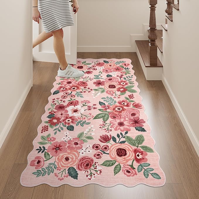 DUKINO 2x4 Rug for Entryway, Floral Washable Kitchen Rugs Non Slip, Pink | Soft, Low Pile, Stain Resistant Throw Runner Rug for Hallway, Bedroom, Bathroom, Laundry, Pet Friendly, Modern Home Decor