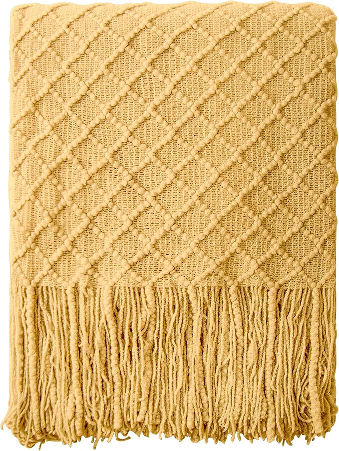 NTBAY Acrylic Knit Throw Blanket, 60 x 80, Mustard Yellow Checkered | Lightweight Acrylic Wave-Knit Throw with 7 Inch Tassels for Sofa, Bed, Reading, Travel, and Decorative Layering
