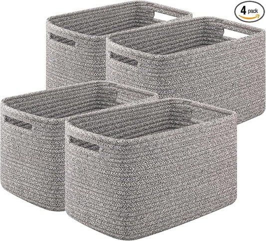 OIASKET 4Packs Natural Cotton Rope Storage Baskets for Organizing Toys, Clothes, Towels & Books, Soft Versatile Organizers for Shelves, Home Decorative Bins, 13''Lx9''Wx7.8''H, Grey