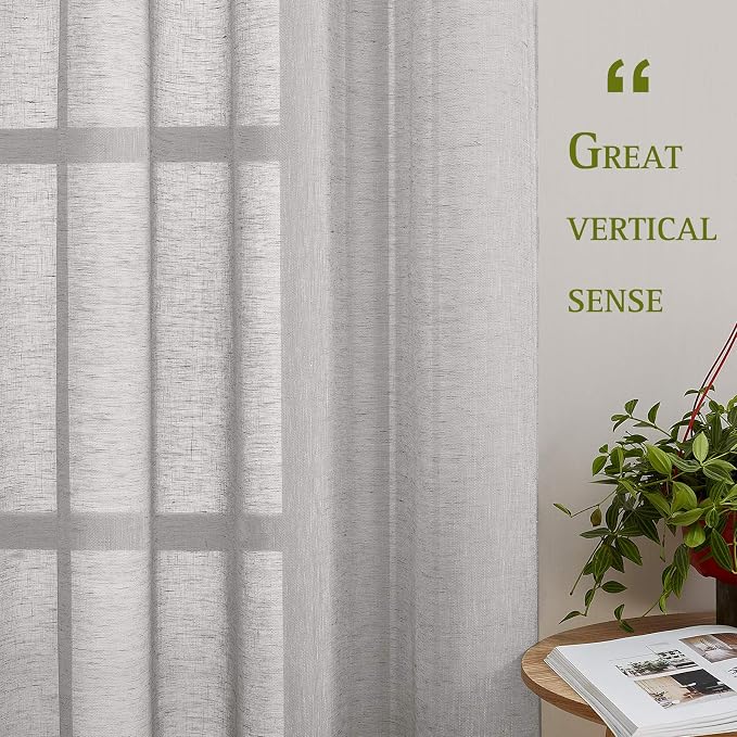 NICETOWN Grommet Sheer Curtains Natural Linen Blend Texture, Privacy with Enough Light Through Semitransparent Sheer Drapes for Children Room and Bedroom, 52W x 96L, Grey, 2 Pieces