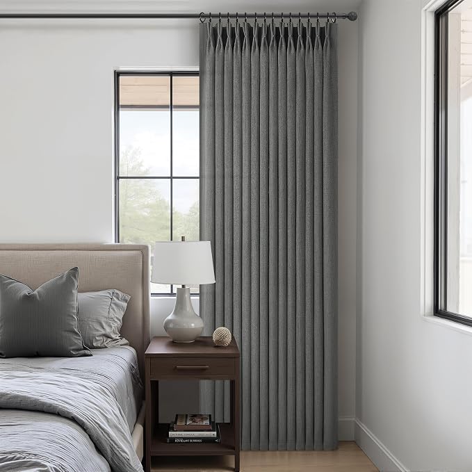 Dark Grey Pleat Semi Sheer Curtains 96 Inches Long for Bedroom, Memory Trained Pinch Pleated Linen Textured Light Filtering Modern Curtain 96 Inch Length 2 Panels Set Viral Window Drapes 8FT Length