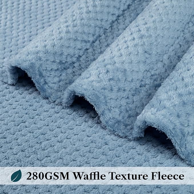 PAVILIA Dusty Blue Fleece Throw Blanket for Couch Sofa Bed, Soft Fuzzy Waffle Jacquard Microfiber, Warm Lightweight Fade-Resistant Decorative All Season Throw, 60x80 Twin