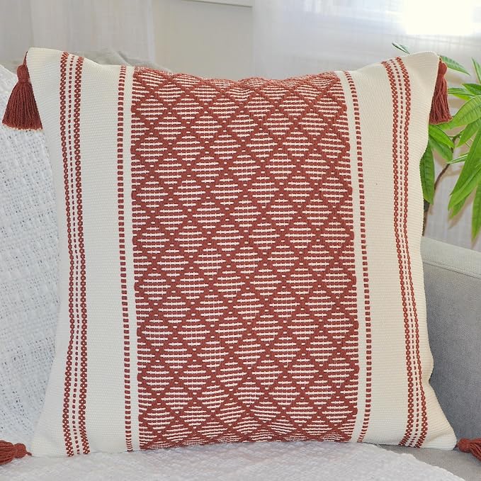 Decorative Boho Throw Pillow Covers with Tassels (Maroon & Off White, 20x20 inch - Pack of 2) / Designer Cushion Covers for Sofa, Bed/Farmhouse Accent Cotton Woven Pillow Cases Burgundy