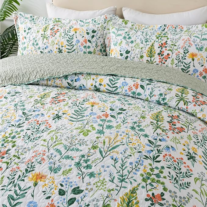 NEWLAKE Cotton Bedspread Quilt Sets-Reversible Patchwork Coverlet Set, Green Classic Floral Pattern, California King Size