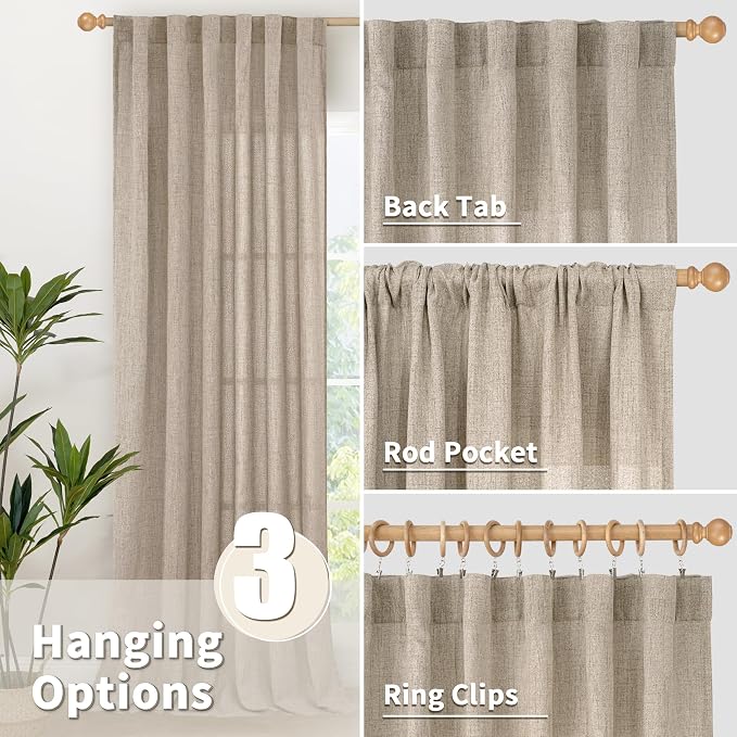 Dark Oatmeal Linen Semi Sheer Curtains 78 Inch Length for Living Room | Tan Light Filtering Drapes with Rod Pocket Back Tab Curtain for Dining Office Bedroom Window, 2 Panels, 52 X 78 Inch