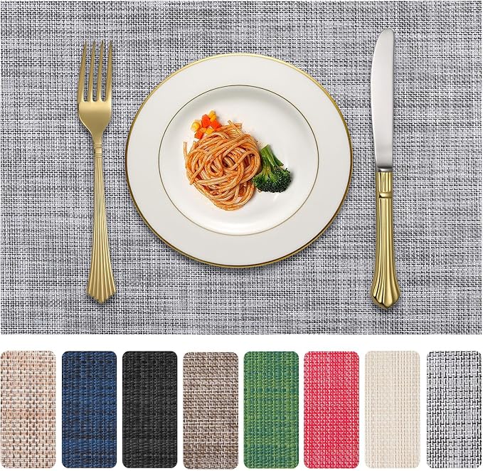 Vinyl Placemats Set of 6, PVC Woven Washable Non-Slip Table Mats, Heat Resistant Wrinkle Free Place Mats for Dining Table, Easy to Clean (6, Light Grey)