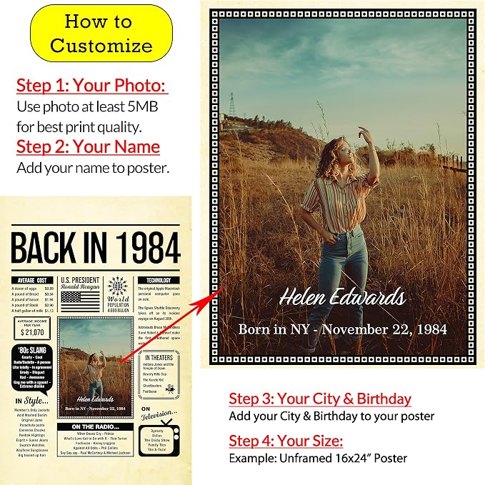 Personalized 41 year old birthday gifts - Back in 1984 Poster - Centerpiece Table Decorations 41st Birthday Party - Custom Born in 1984 Newspaper Vintage Poster for Men, Women, Him, Her