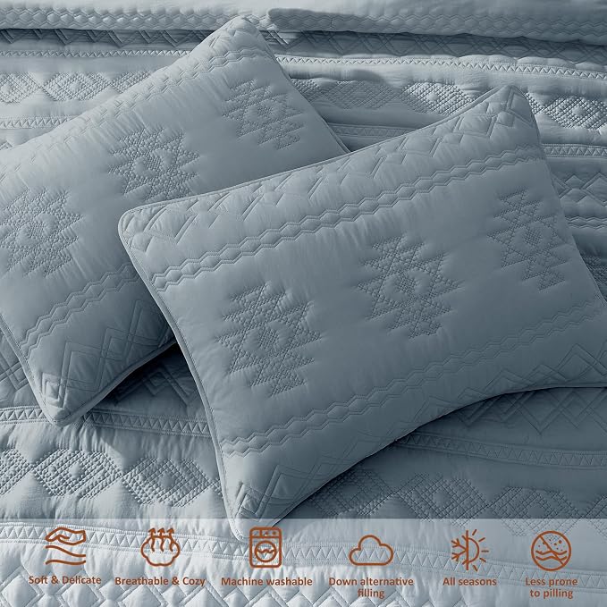 WDCOZY Boho Blue Grey Quilt King Size Bedding Sets with 2 Pillow Shams, Farmhouse Lightweight Soft Bedspread Coverlet for All Season, 3 Pieces, 104x90 inches