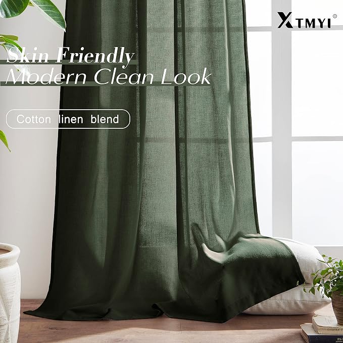XTMYI 70 Inch Wide Loden Back Tab/Hook Belt Linen Cotton Sheer Curtains for Bedroom,2 Panels,96 Inch Length