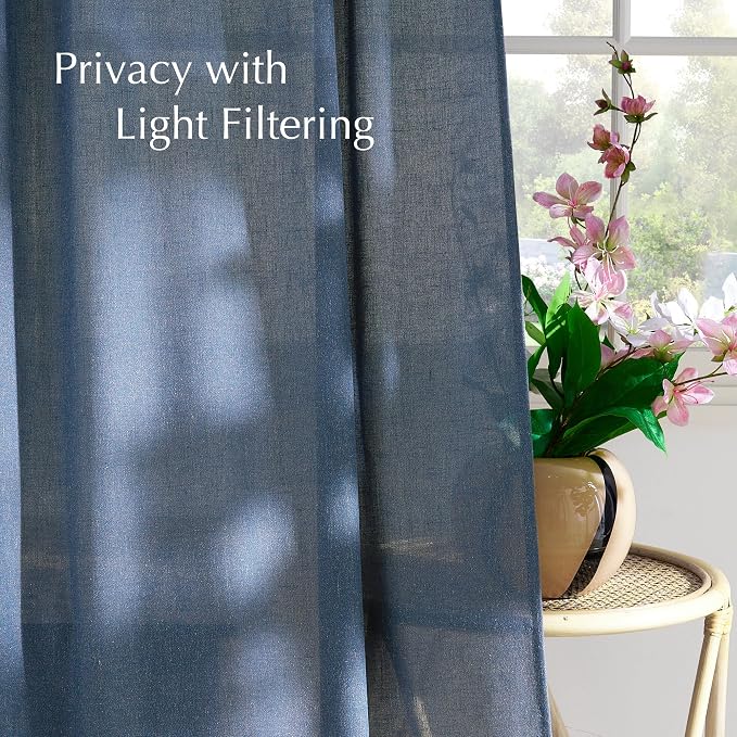 NICETOWN Navy Blue Linen Blend Living Room Curtains, Rod Pocket & Back Tab Privacy Added Thick Linen Weave with Light Filtering Window Treatments for Bedroom, W55 x L102, 2 Panels