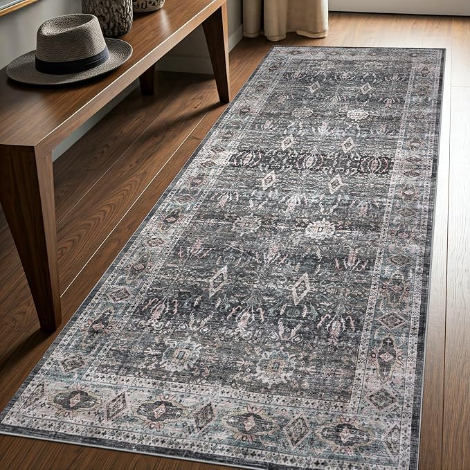 Machine Washable Area Rug, Soft & Durable, Non-Slip, Stain Resistant Rug for Bedroom, Living Room, Dining Room, High Traffic Areas. (Grey, 2.5' X 10')