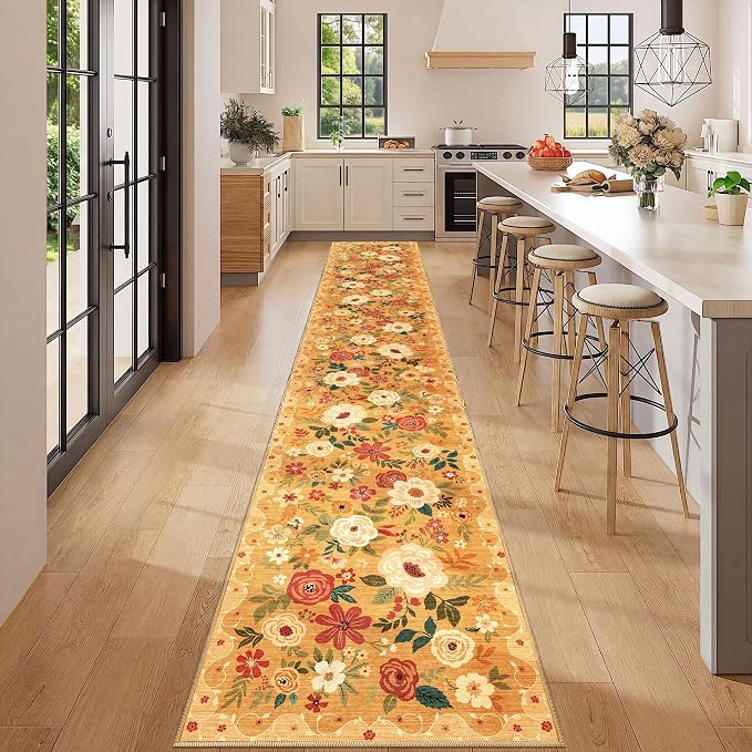 DUKINO 2x12 Washable Runner Rug, Non Slip Long Kitchen Runner Rug, Orange | Floral, Low Pile, Soft Indoor Rug Runner for Hallway, Entryway, Bedroom, Bathroom, Laundry, Pet Friendly, Modern Home Decor