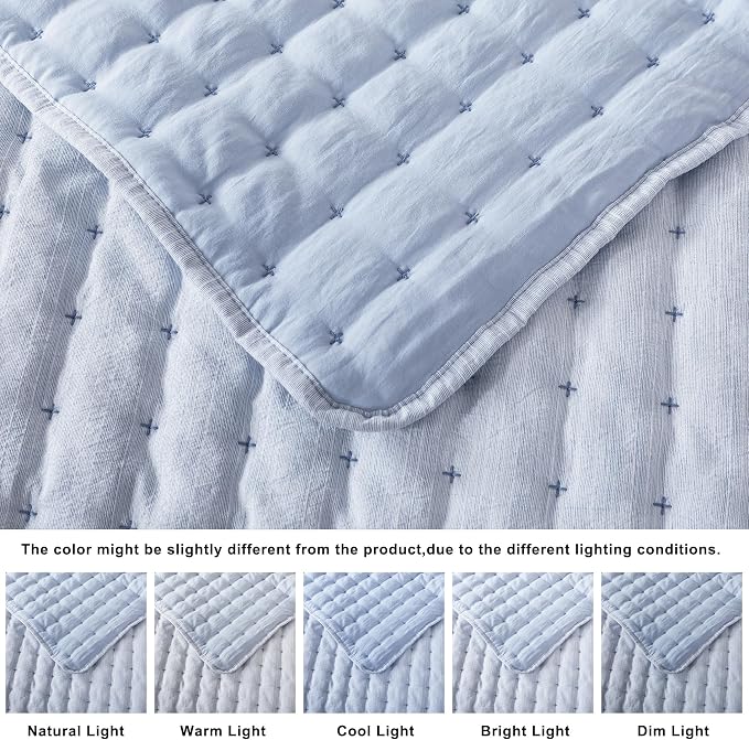WDCOZY Blue Oversized King Quilt Set, California Cal King Rustic Bedspread, Textured Like Linen, Lightweight Soft Farmhouse Coverlet, Spring Summer Thin Comforter, 3 Pieces, 116x106 inches