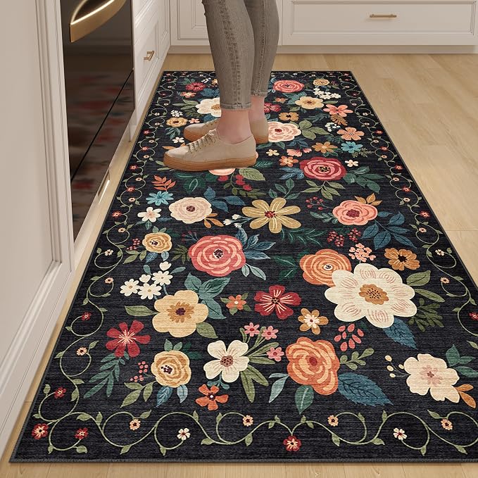 DUKINO 3x6 Runner Rug, Non Slip Floral Washable Rug for Kitchen, Black | Low Pile, Non Shedding, Soft Thin Indoor Rug for Hallway, Bedroom, Bathroom, Entryway, Laundry, Pet Friendly, Home Decor