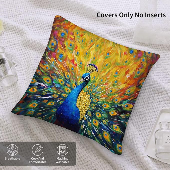 Beautiful Peacock Throw Pillow Cover 18"x18" Outdoor Pillow Cases Set of 2 Decorative Cushion Covers for Sofa Bed Chair Living Room Decor