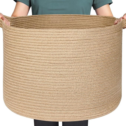 MEGASKET Large Wicker Storage Basket, 20" x 13" Jute Woven Blanket Storage for Living Room, Big Wicker Laundry Basket, Decorative Dog Toy Bin Box, Rustic Round Floor Bin for Towels, Pillows, Shoes