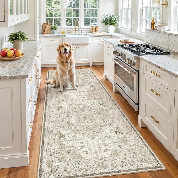 Madane Hallway Runner 3x8, Kitchen Rugs Washable Entry Rug, Ivory/Brown | Vintage Non Slip Entryway Indoor Area Rugs, Soft Low-Pile Farmhouse Wide Carpet Runners for Bathroom Living Room Bedroom