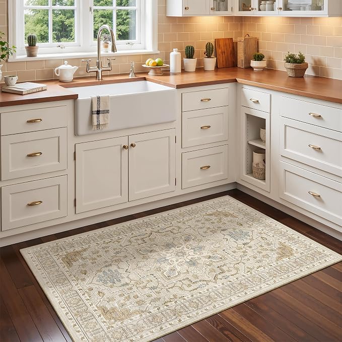 Madane Washable Area Rug 2x3 Small Entryway Rugs Non-Slip, Beige/Blue | Vintage Stain-Resistant Door Mat Indoor Entrance, Low Pile Floor Carpet for Inside Front Bedroom Kitchen Entry Laundry, Stair