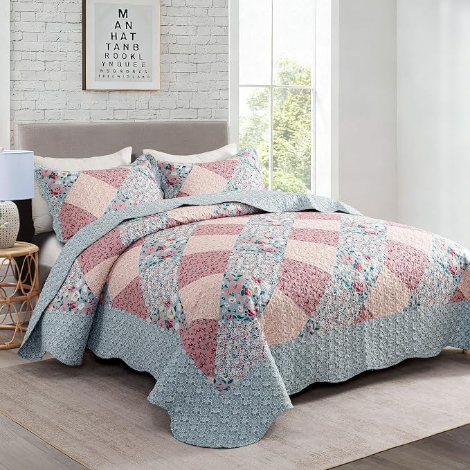 Travan 3-Piece Bedspread Quilt Set Lightweight Coverlet Set Garden Style Floral Printed Oversized Quilted Bedding Set with Shams for All Season, Exquisite, Queen Size