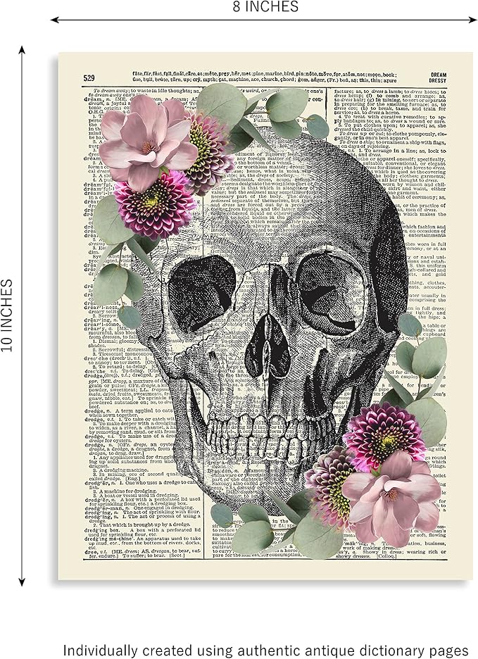 Anatomy with Eucalyptus and Butterflies, Vintage Dictionary Art Print, Floral Wall Art For Home Decor, Medical Art Print Poster, Wall Decor 8x10 Inches, Unframed (Skull (Eucalyptus Floral))