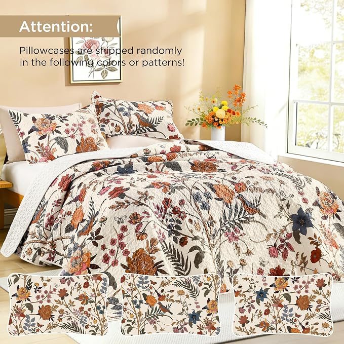 Litanika Floral Light Beige Quilt Queen - 3Pcs Botanical Birds Bedding Set | Bedspread Summer Lightweight Soft Coverlet with Blue Flower for All Seasons (96"x90")