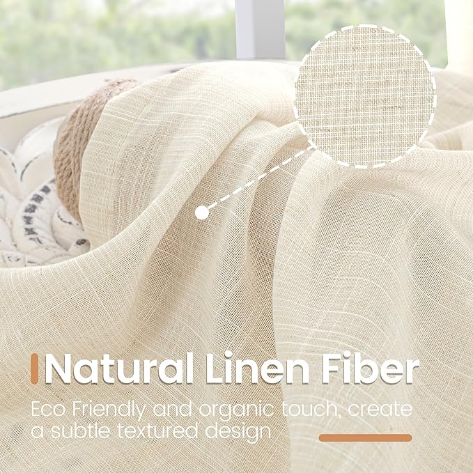 BGment Linen Kitchen Window Curtains Over Sink, 36 Inch Length Cafe Drapes | Beige Semi Sheer with Rod Pocket Light Filtering for Bathroom Small Window, 2 Panels Set, 30 X 36 Inch