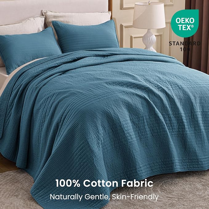 Love's cabin King Size Cotton Quilt Set, 100% Cotton Fabric Striped Textured Coverlet with Crinkled Look, Lightweight Quilted Bedspread for All Season, Includes 2 Pillow Shams, Misty Blue