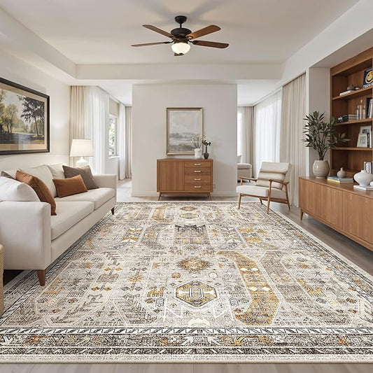 Madane 8x10 Area Rugs for Living Room, Non-Slip Washable Rug, Brown/Gold | Ultra-Thin Stain Resistant Vintage Large 8'X10' Carpet, Low-Pile Floor Mat For Bedroom Dining Room Office Home Decor