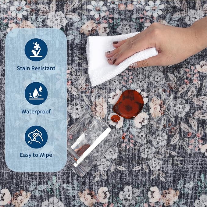 GarveeHome 8x10 Bedroom Rug Botanical Vintage Flower Floor Cover | Bordered Blue Rugs Low Pile Non-Slip Machine Washable Floral Area Rug for Living Room Guest Room Office Nursery