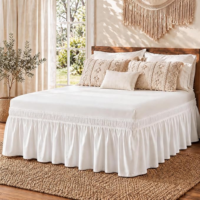 Vocander White Full Bed Skirt 16 Inch Drop, Elastic Wrap Dust Ruffle | Hides Underbed Storage, No Mattress Lifting, Elastic Stays Put, Soft Fabric, Machine Washable, Polished Look
