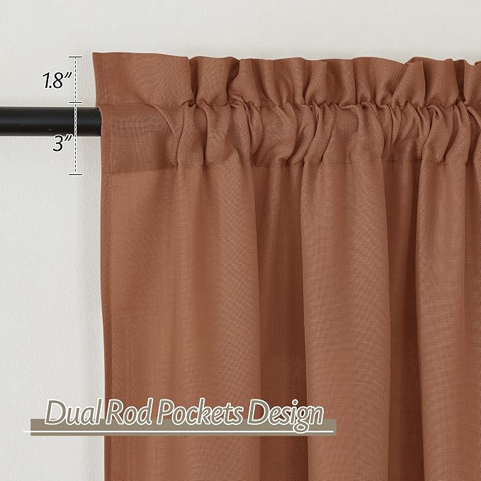 RYB HOME Linen Sheer Curtains 2 Panels for Living Room, Semi Transparent Privacy Drapes with Rod Pocket Farmhouse Style Window Treatments for Bedroom, Brunt Orange, 52" W x 84" L