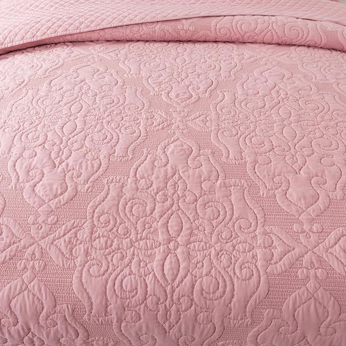NEWLAKE Quilt Bedspread Set, Pink Jacquard Embossed Floral Pattern Reversible Embroidered Microfiber Coverlet Sets, King Size