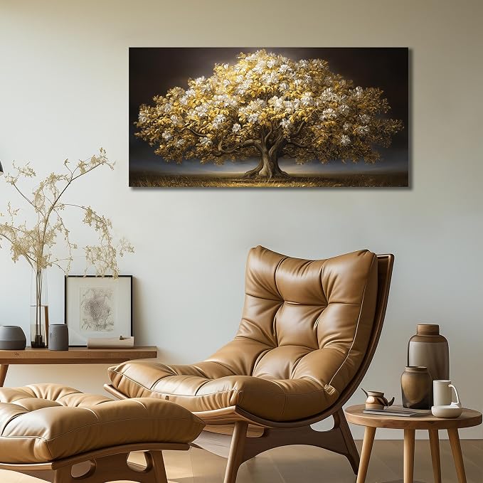 DNIEOTU Tree Wall Art for Living Room, White Flower and Gold Leaves Canvas Wall-Decor for Bedroom, Landscape Picture Prints for Hallway Office, Size 40 x 20 Inches
