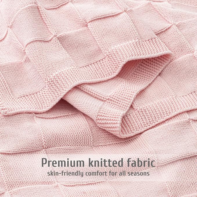 Whale Flotilla Checkered Knit Throw Blanket for Couch, Pink | Soft Decorative Knitted Blankets for Couch Sofa Bed, Lightweight Cozy Throws for Spring Summer, 50x60 Inch