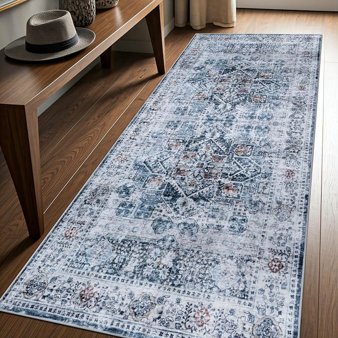 Machine Washable Area Rug, Soft & Durable, Non-Slip, Stain Resistant Rug for Bedroom, Living Room, Dining Room, High Traffic Areas. (Blue/Coral, 2.5' X 10')