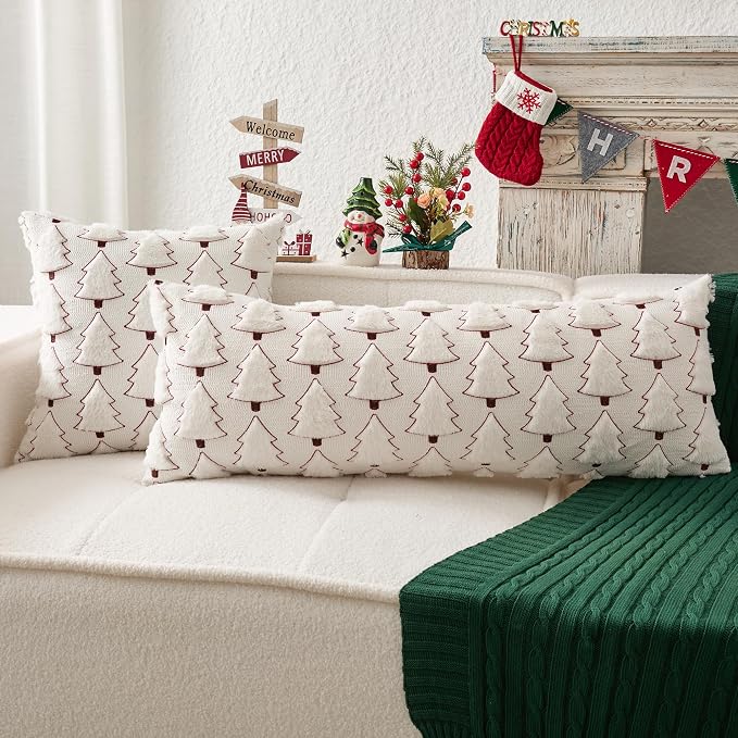 Kevin Textile Christmas Tree 14x36 Inch Long Lumbar 1 Pack Luxury Embroidery Soft Plush Faux Fur Rectangle Cushion Case for Couch Sofa Holiday Festivals Winter Xmas Gift, Cream White & Red