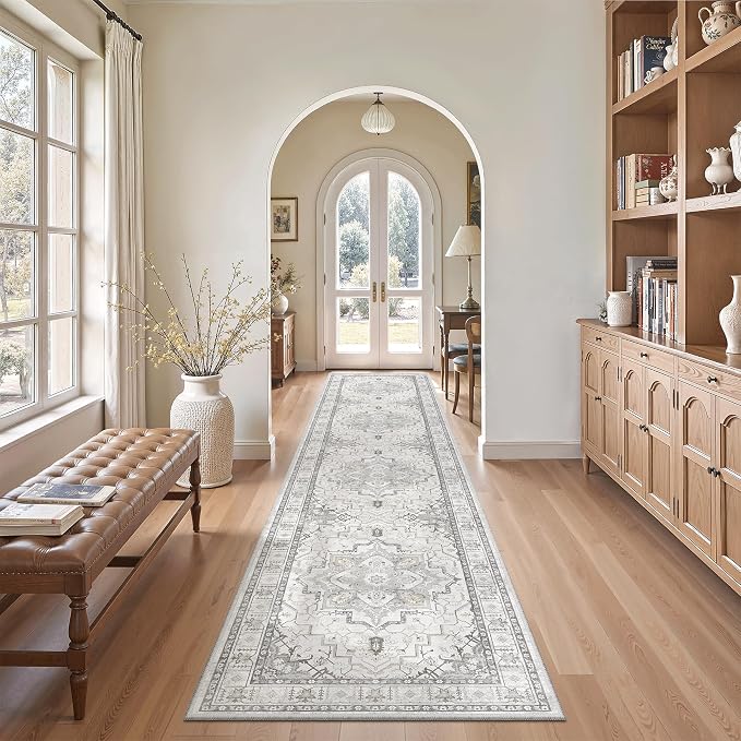 Madane Washable Runner Rugs 2x10 Long for Hallway Kitchen, Grey | Non-Slip Low-Pile 10ft Rug Runners Soft, Stain-Resistant Floor Carpet Mat for Entrance, Living Dining Laundry Room, Stair