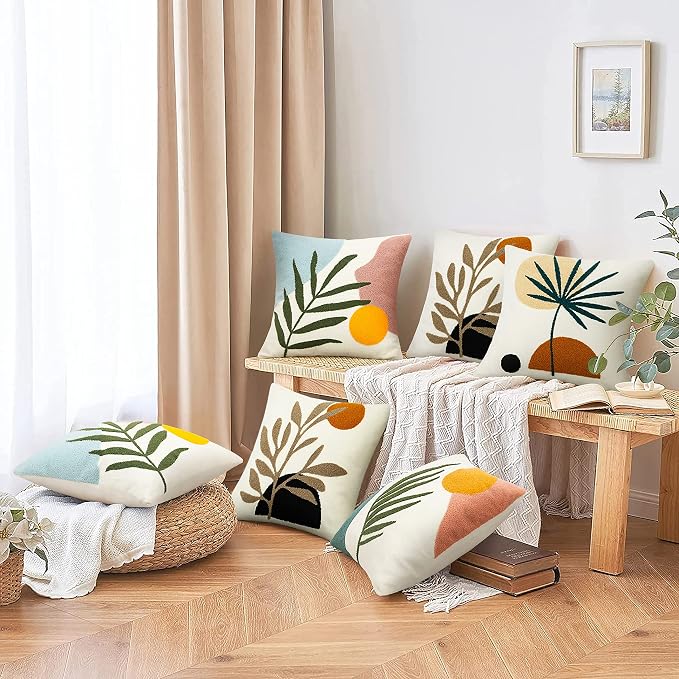 Merrycolor Boho Pillow Covers 18 X 18 Textured Mid Century Modern Throw Pillows Covers Abstract Leaf Floral Pillow Cover Boho Decorative Pillows for Couch Bed Sofa