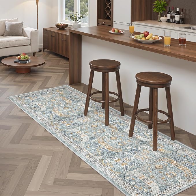 Madane Washable Runner Rug 2x6 Runners for Hallways Non Slip, Blue/Gold | Vintage Stain-Resistant 6 Feet Kitchen Rug, Soft Low-Pile Ultra-Thin Floor Carpet Mat for Bathroom Laundry Room Bedroom 2x6ft