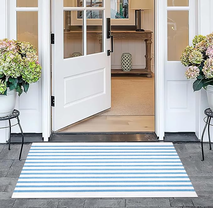 Front Outdoor Door Mat 2'x3',Light Blue Striped Outdoor Rug Machine Washable Cotton Layered Door Mat Entryway Throw Rug for Indoor Entrance