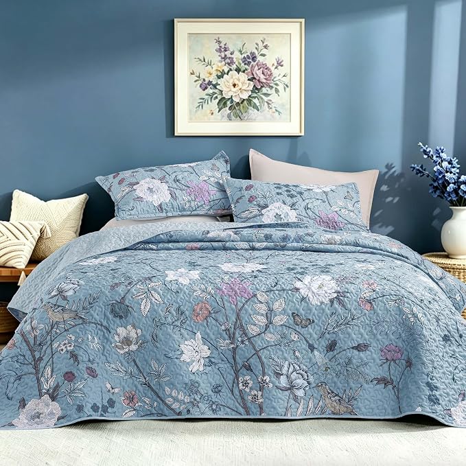 Litanika Floral Light Blue Quilt Queen - 3Pcs Botanical Birds Bedding Set | Bedspread Summer Lightweight Soft Coverlet with White Flower for All Seasons (96"x90")