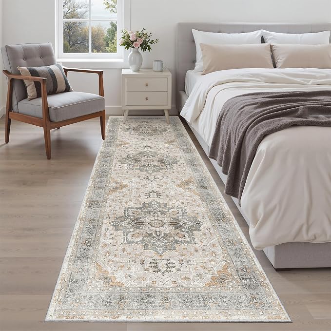 Madane Kitchen Runner 2'6''x8' Rug Runners for Hallways, Light Taupe Brown | Vintage Machine Washable Rugs 2.5x8 Ft, Non-Slip Low Pile Stain-Resistant 8ft Floor Carpet for Laundry Room, Corridor