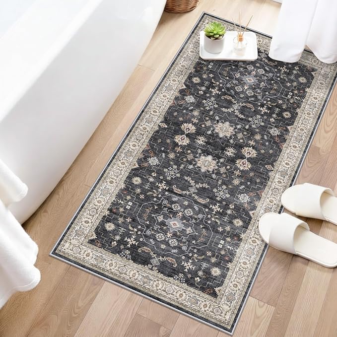 RUUGME 2x4 Entryway Runner Rugs: Non-Slip Washable Small Runners for Kitchen Vintage Low Pile Carpet for Indoor Entrance Hallway Soft Thin Stain Resistant DoorMat for Bathroom Bedroom(Black/Multi,2x4)