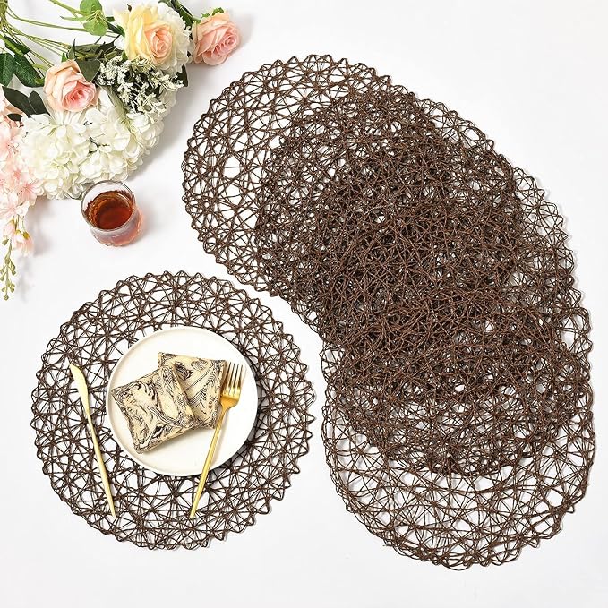 IcosaMro Brown Round Placemats Set of 12 for Dining Table, 13 Inches Paper Woven Boho Small Decorative Tan Circle Place Mat for Wedding Christmas Thanksgiving Day Holiday Dinner, Tan Brown
